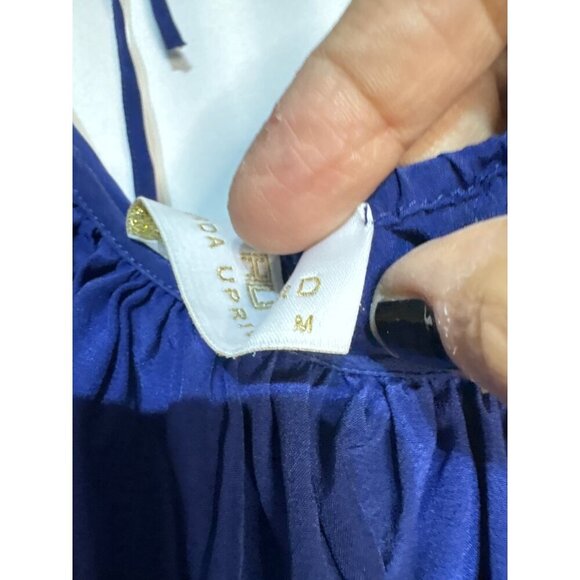 Blue Silk Dress With Ruffle Neckline & Back Tie Back Sleek Timeless - Picture 8 of 9